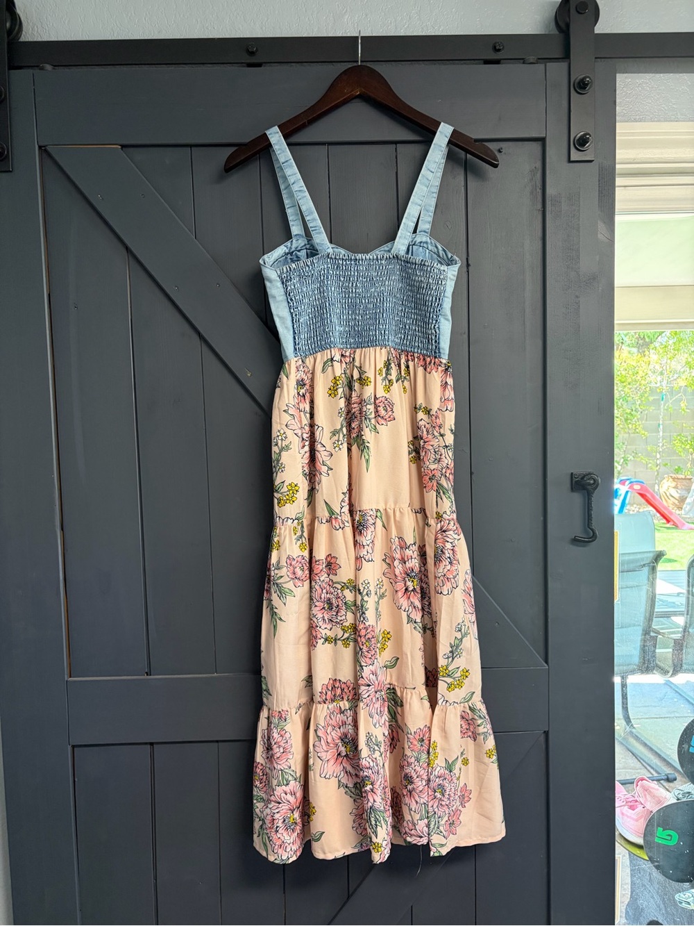 Denim Bustier Pink Floral Midi Dress - Picture 5 of 7